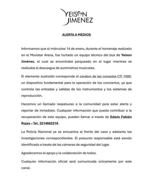 Equipo de Yeison Jiménez denunció el robo de equipos durante homenaje al