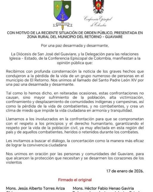 la Diócesis de San José del Guaviare y la Conferencia Episcopal de