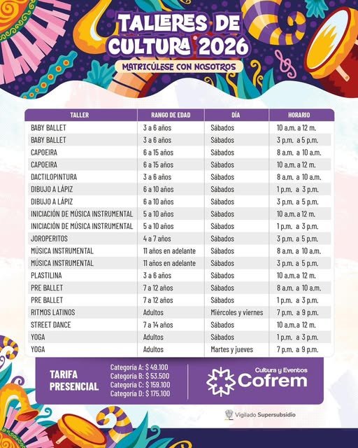 Inician matrículas para los Talleres de Cultura 2026, organizados por Cofrem, en