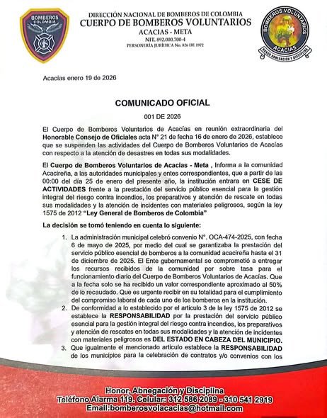 #alcaldiamunicipaldeacacias DENUNCIA PÚBLICA | Acacías quedará sin Bomberos A partir de las